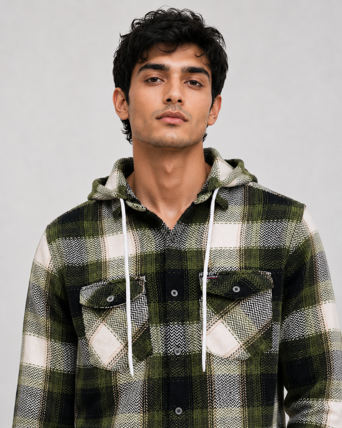 Olive Plaid Hooded Shirt