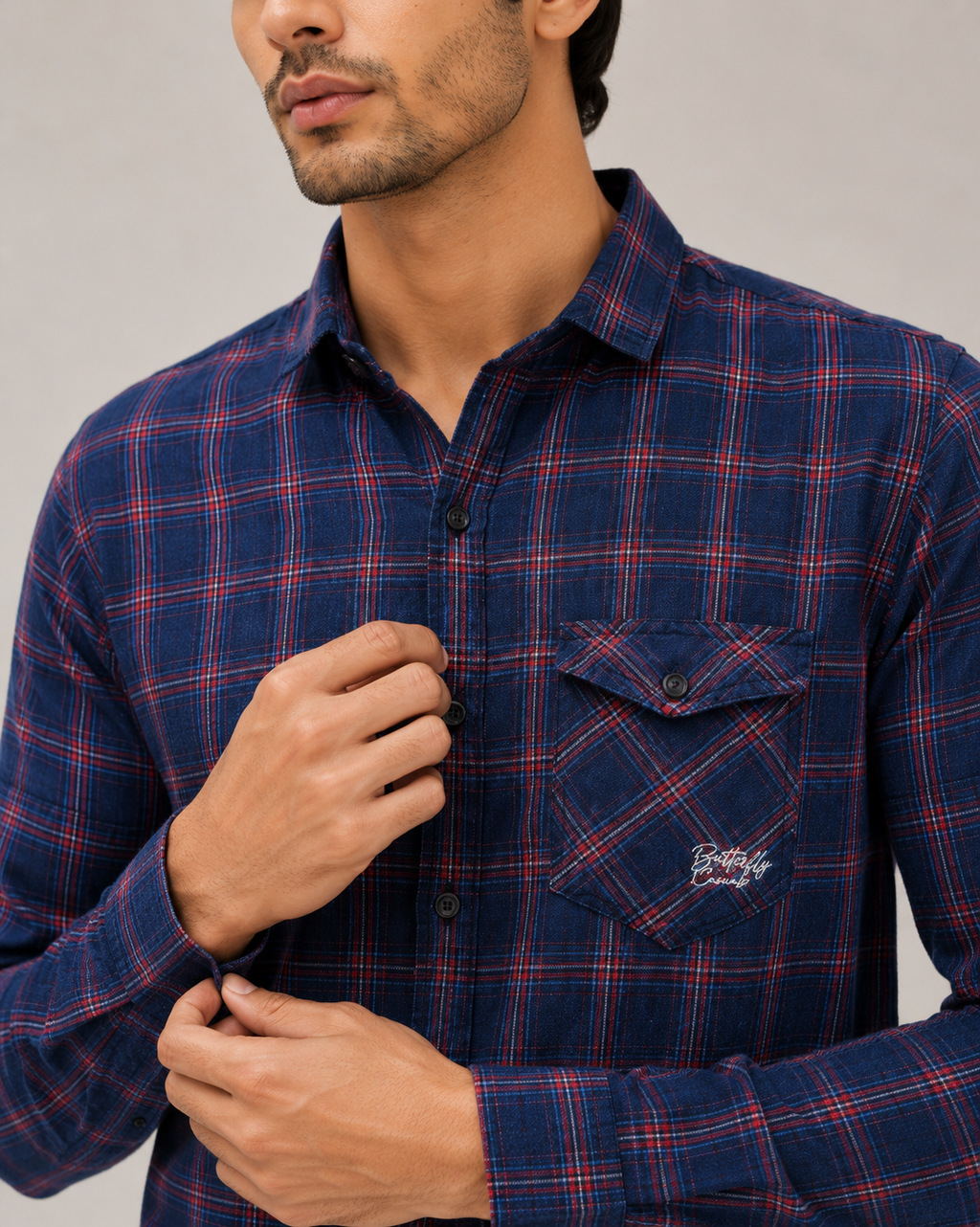 Navy Crimson Plaid Cotton Shirt
