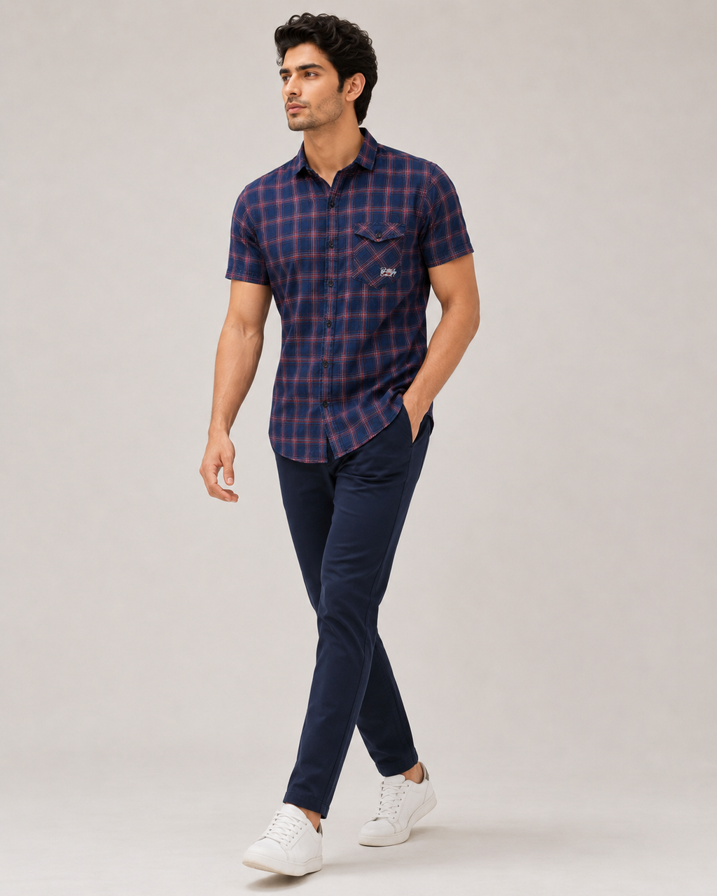 Navy Crimson Plaid Cotton Shirt