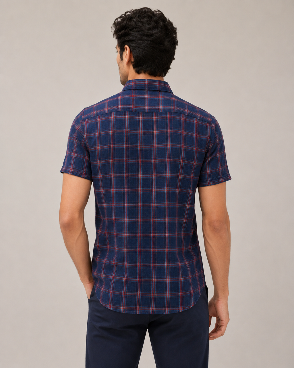 Navy Crimson Plaid Cotton Shirt