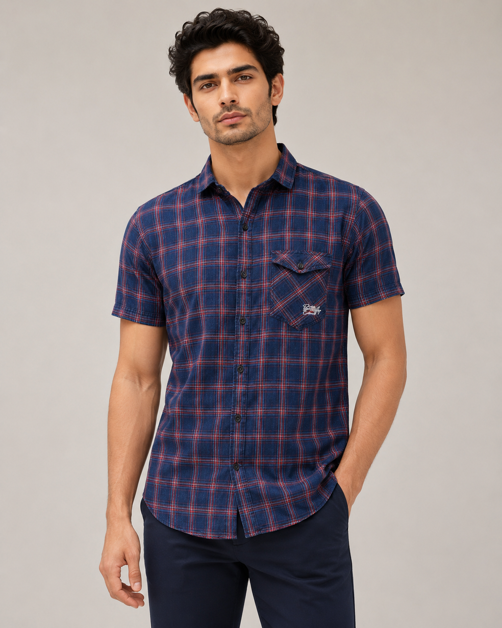 Navy Crimson Plaid Cotton Shirt