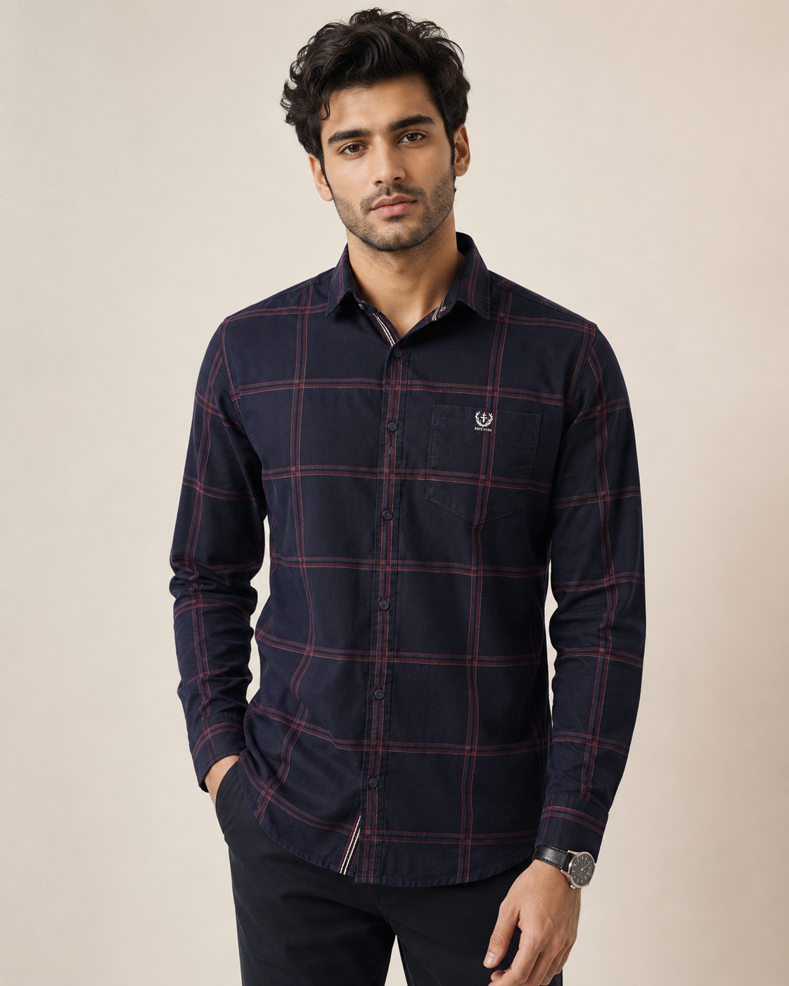 Navy Crimson Grid Cotton Shirt