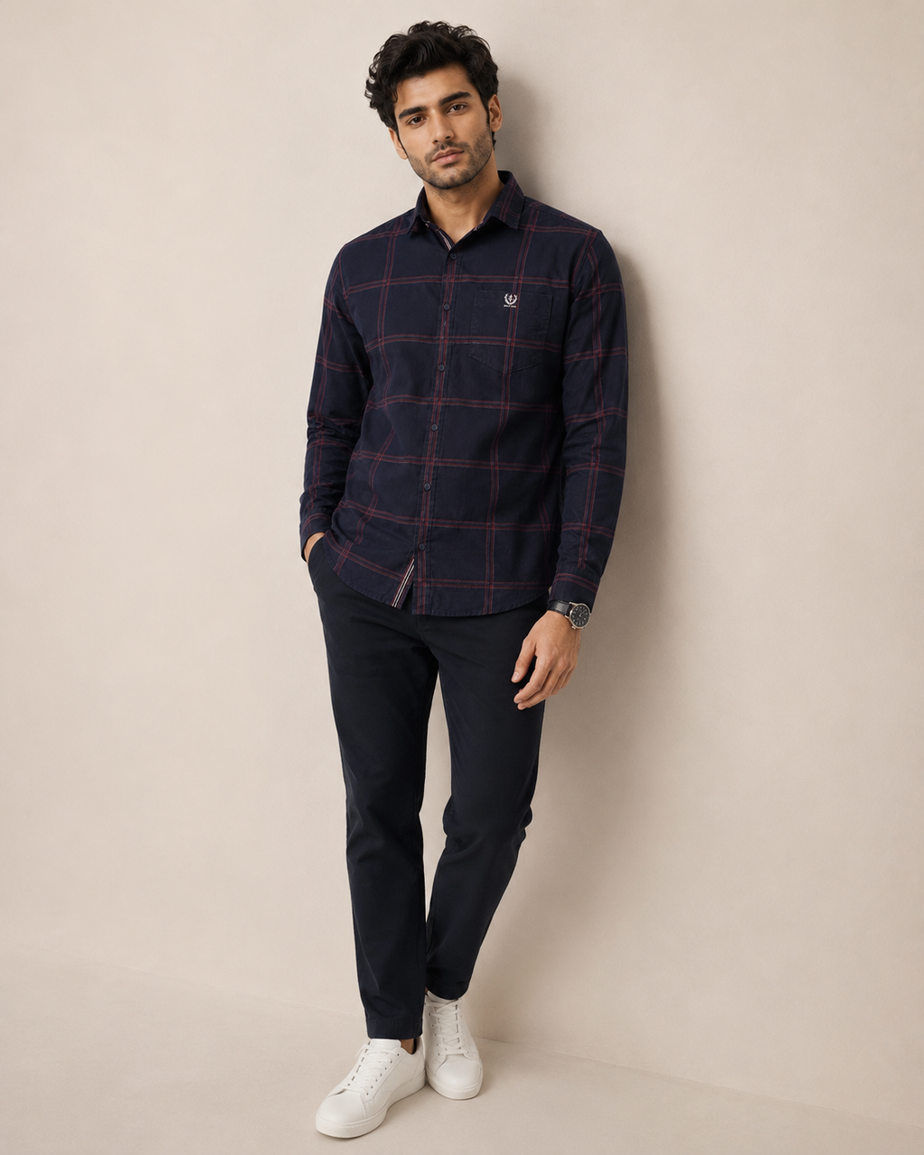 Navy Crimson Grid Cotton Shirt