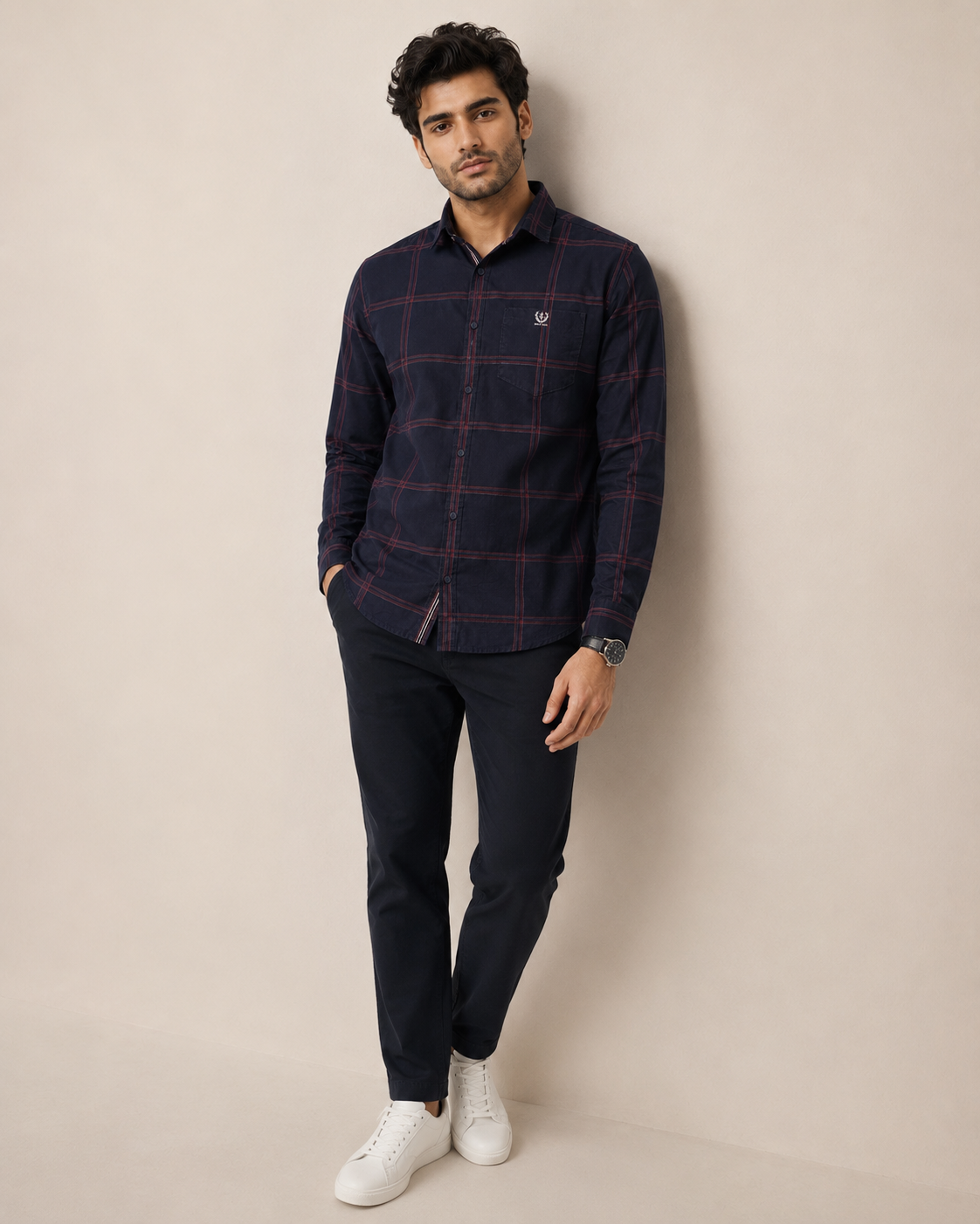 Navy Crimson Grid Cotton Shirt