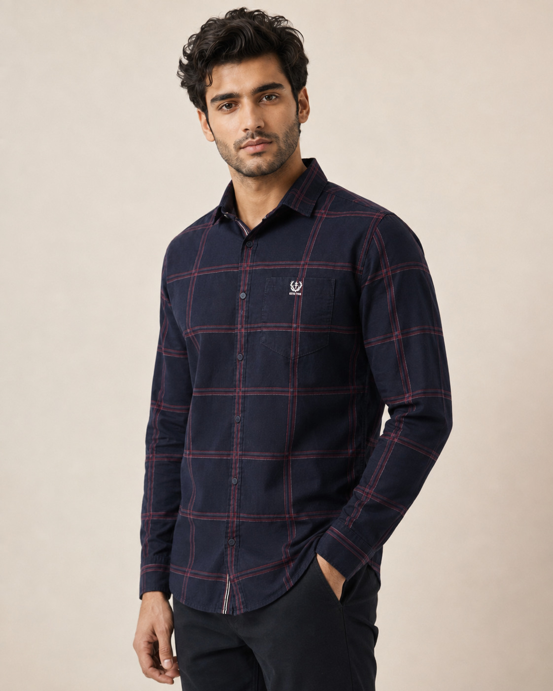 Navy Crimson Grid Cotton Shirt