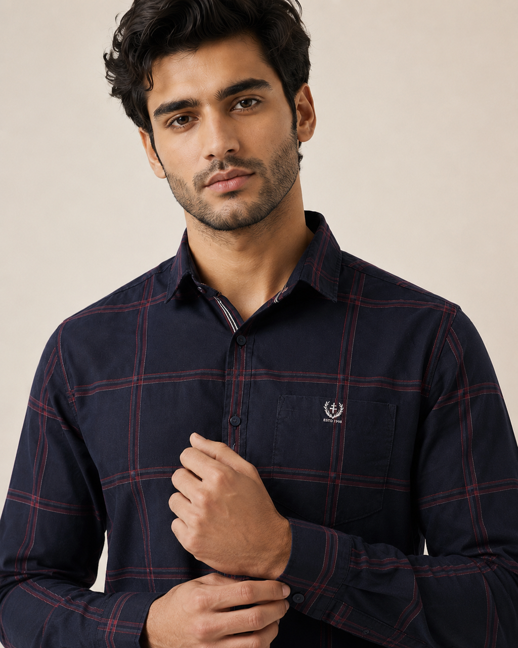 Navy Crimson Grid Cotton Shirt