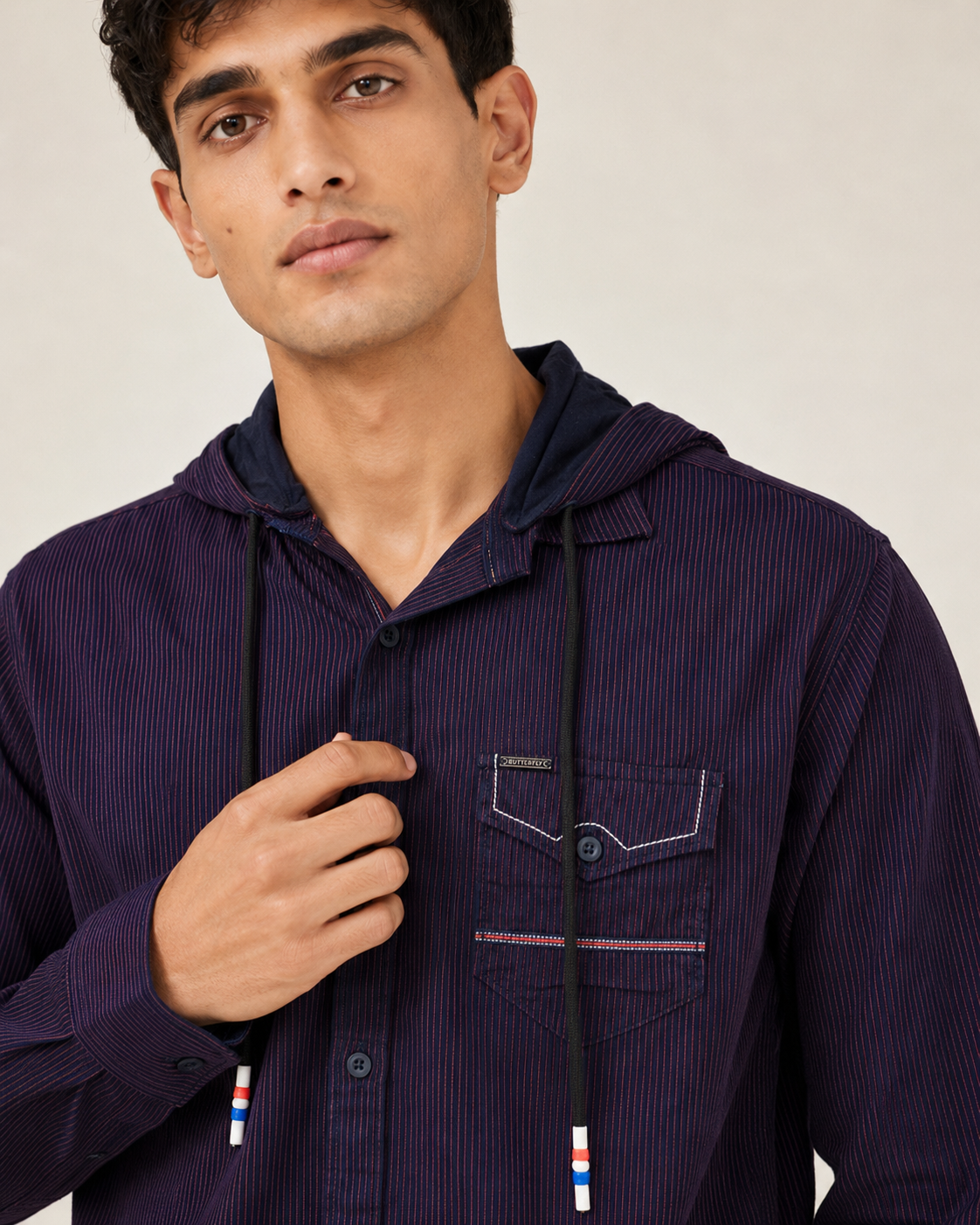 Midnight Plum Pinstripe Hooded Cotton Shirt