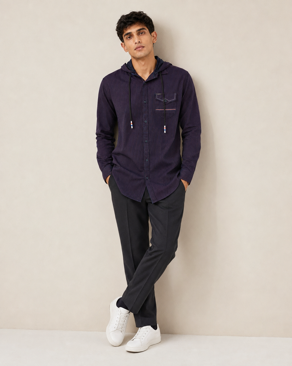Midnight Plum Pinstripe Hooded Cotton Shirt