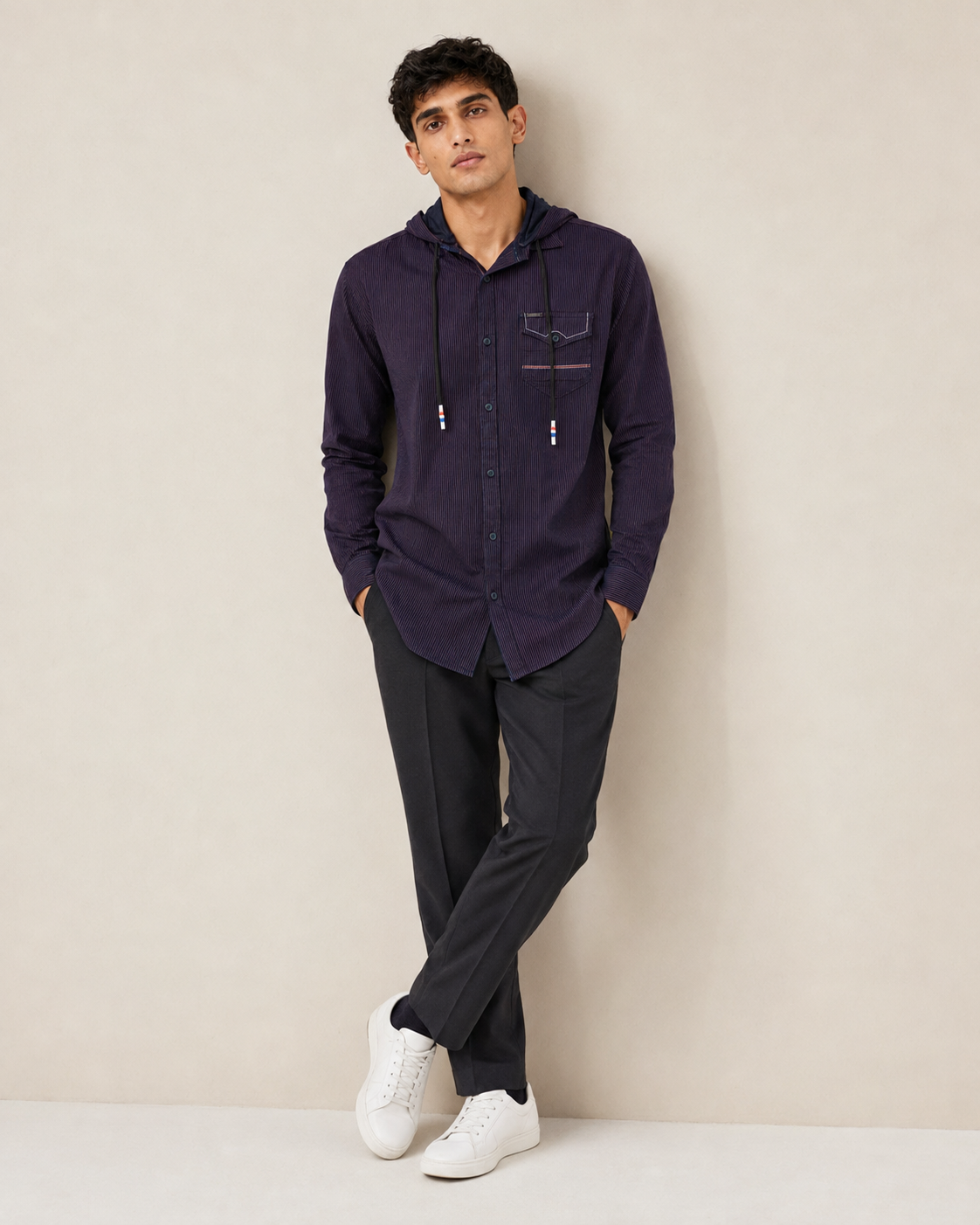 Midnight Plum Pinstripe Hooded Cotton Shirt