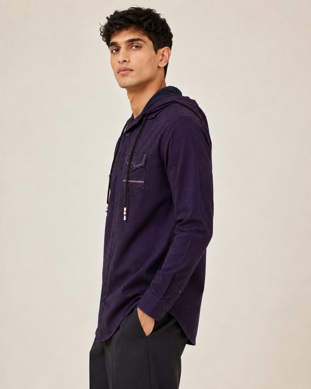 Midnight Plum Pinstripe Hooded Cotton Shirt