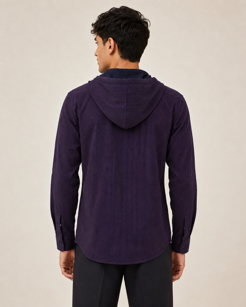 Midnight Plum Pinstripe Hooded Cotton Shirt