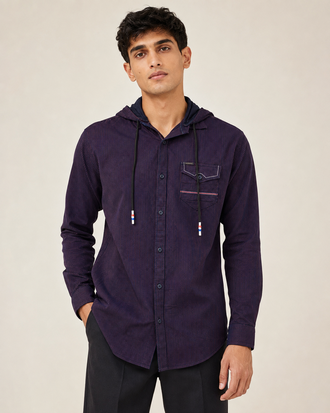 Midnight Plum Pinstripe Hooded Cotton Shirt