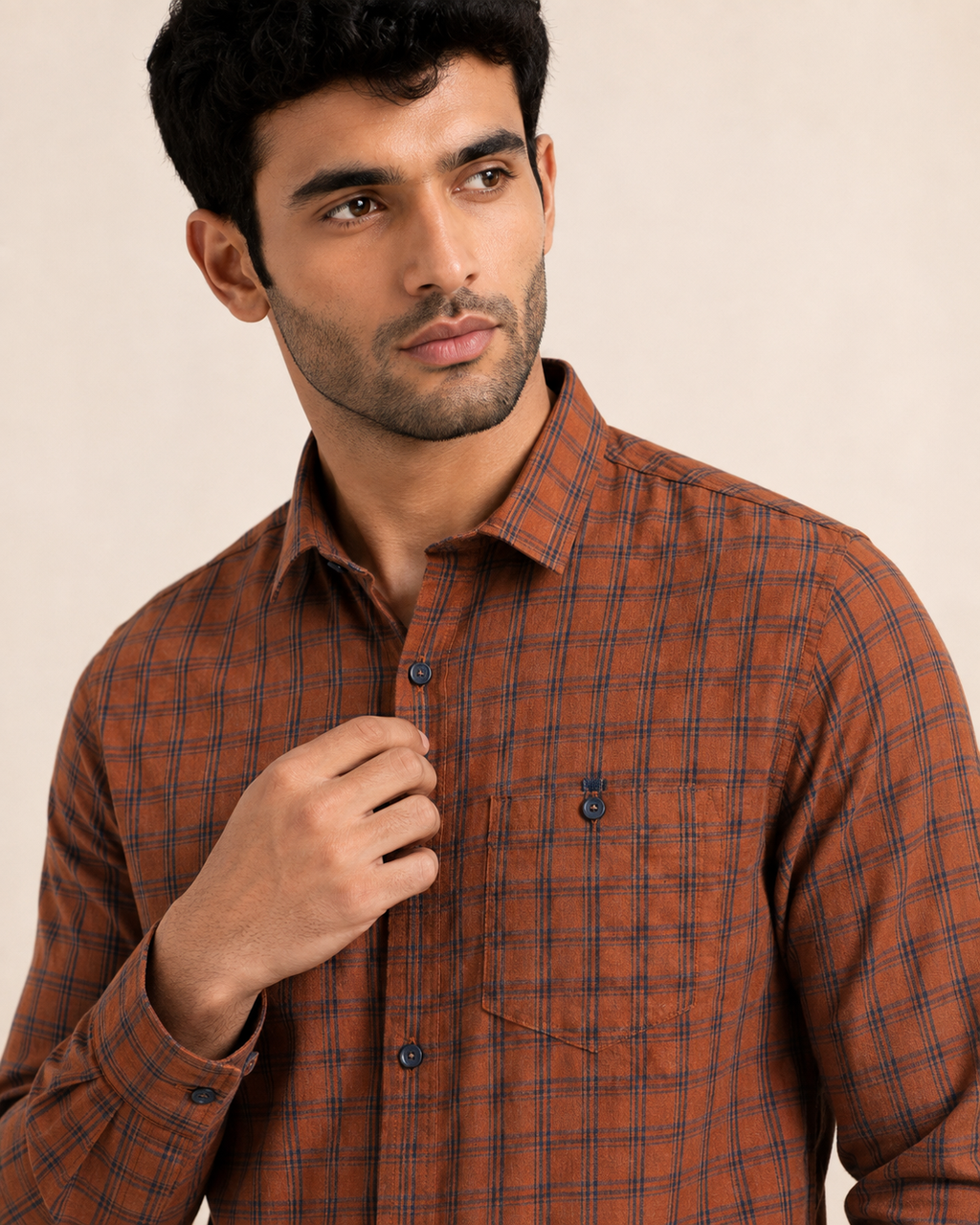 Burnt Amber Check Cotton Shirt