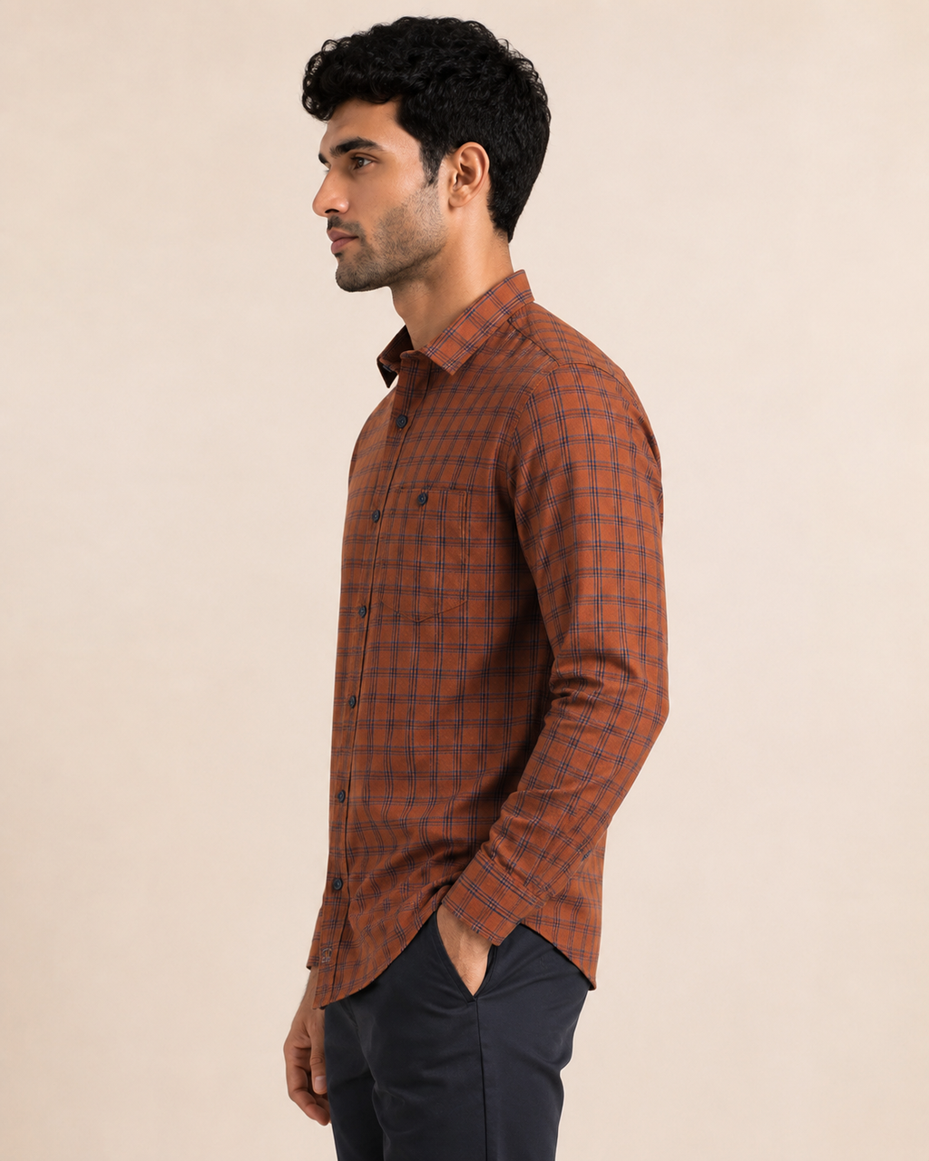 Burnt Amber Check Cotton Shirt