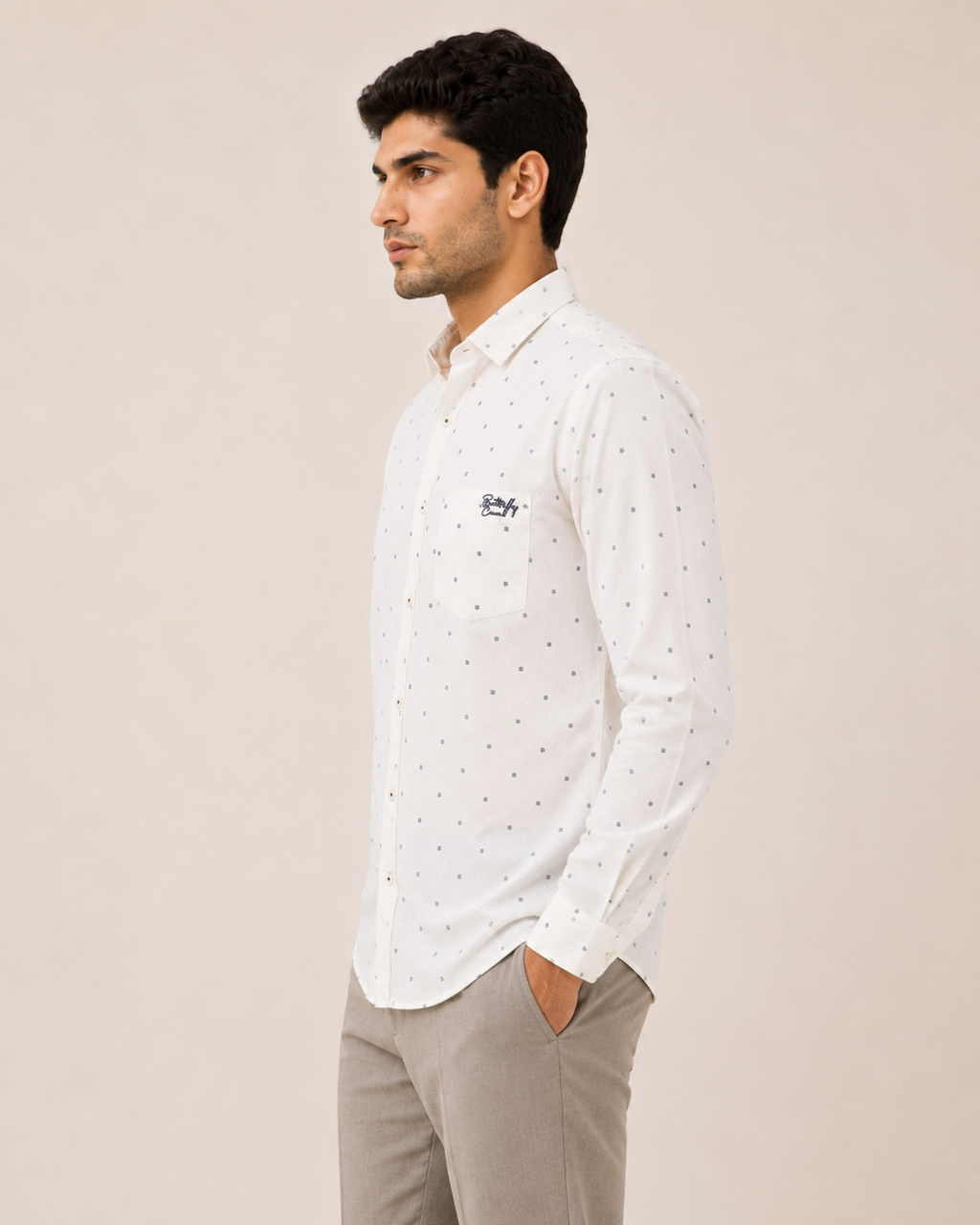 White Micro Print Cotton Shirt