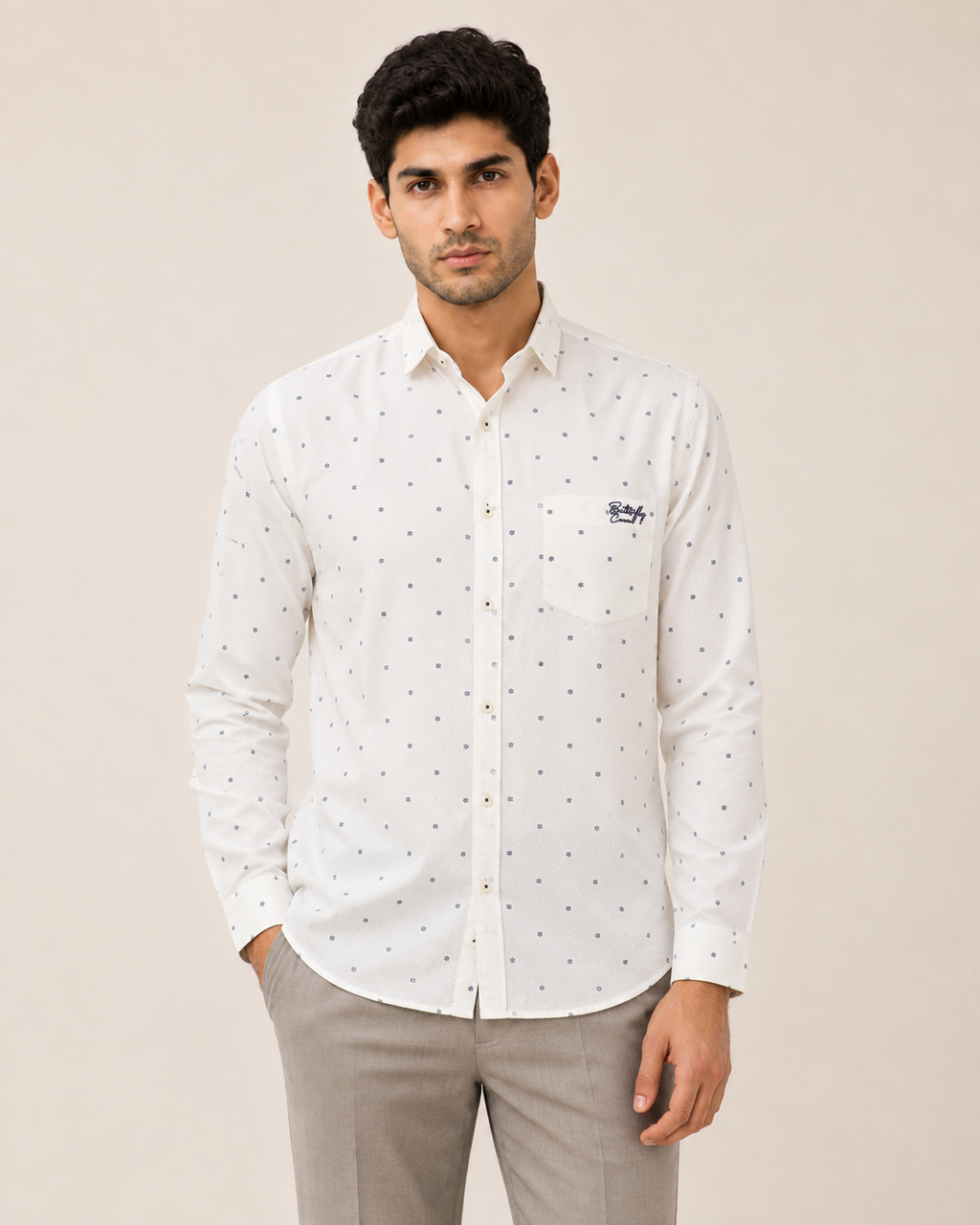 White Micro Print Cotton Shirt