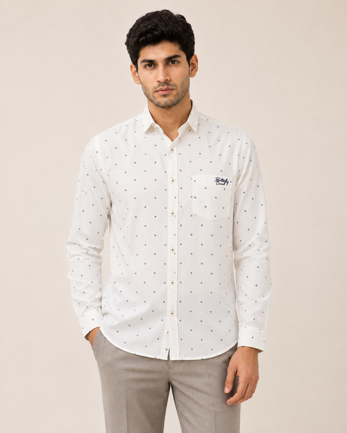 White Micro Print Cotton Shirt