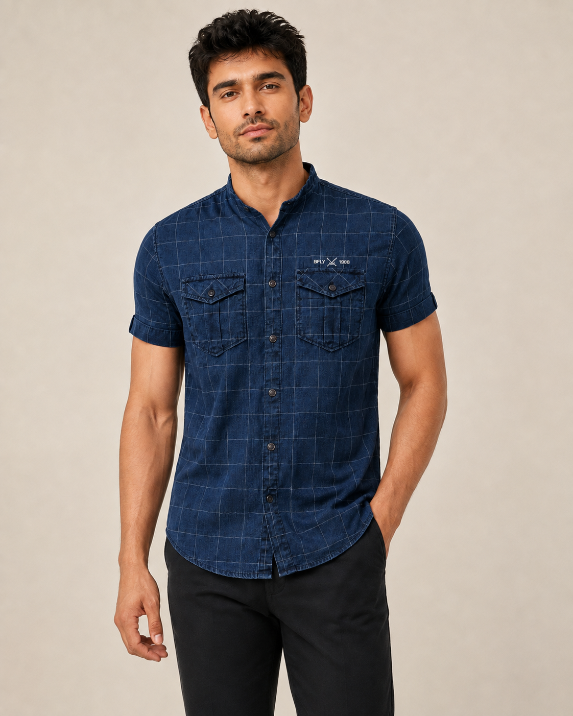 Indigo Utility Grid Cotton Shirt