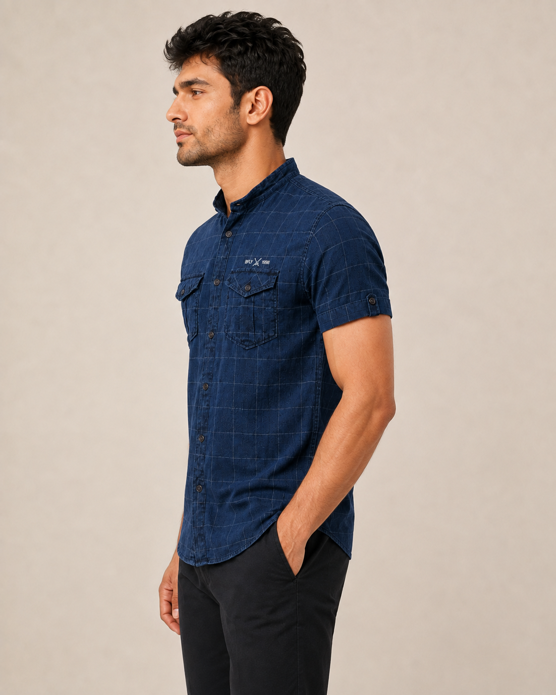 Indigo Utility Grid Cotton Shirt
