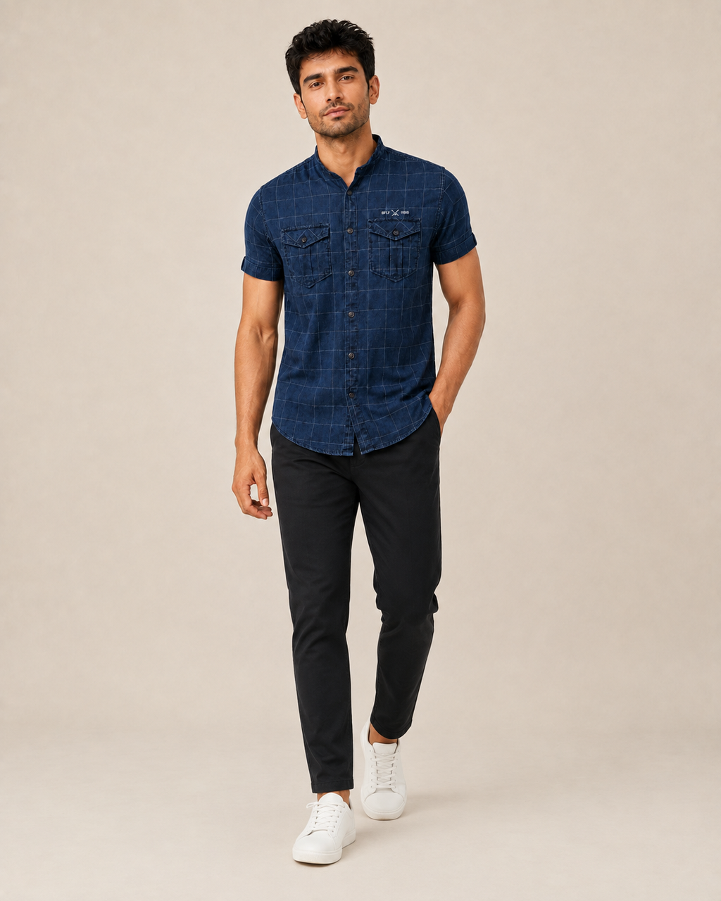Indigo Utility Grid Cotton Shirt