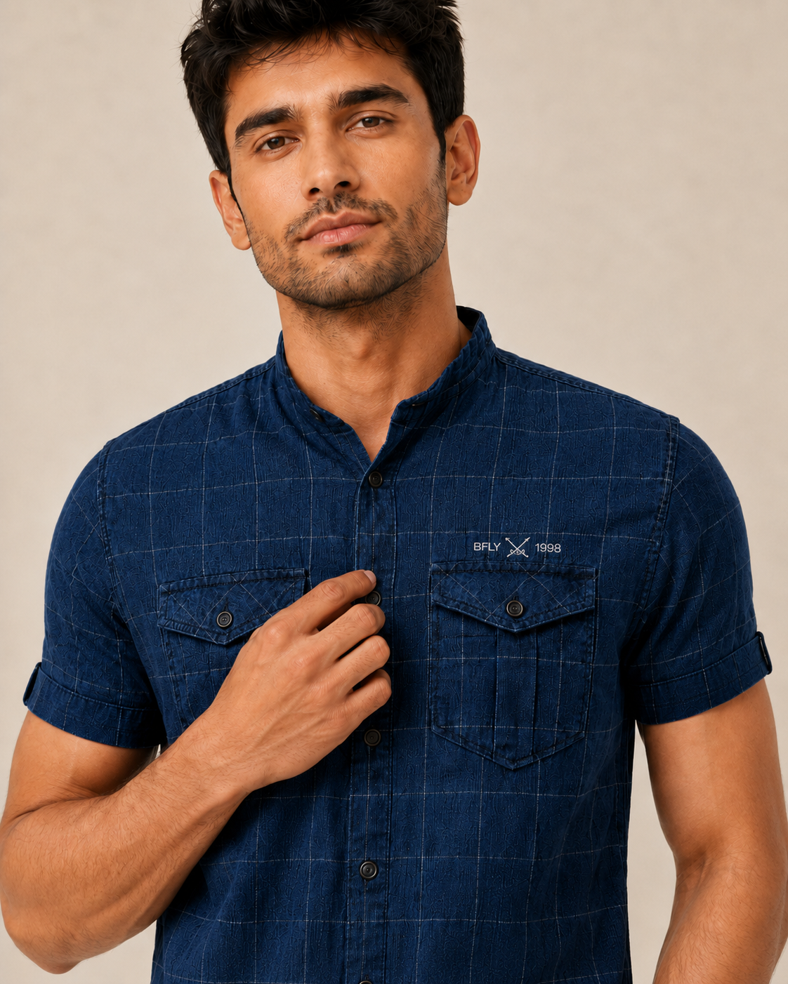 Indigo Utility Grid Cotton Shirt