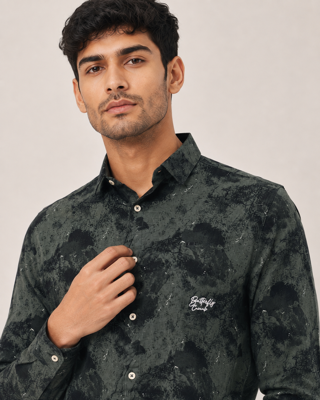 Olive Shadow Print Cotton Shirt