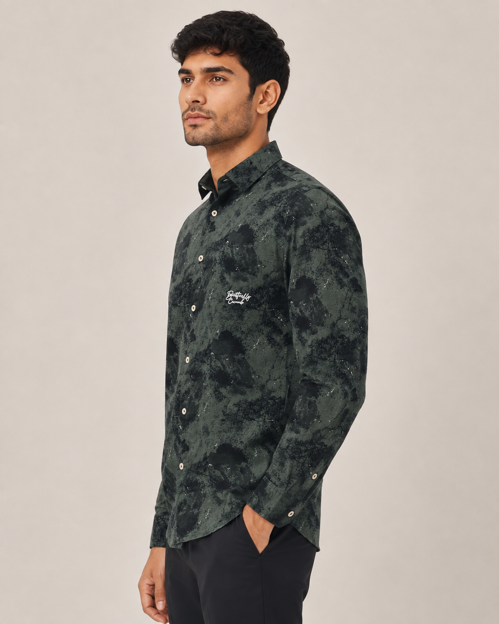 Olive Shadow Print Cotton Shirt
