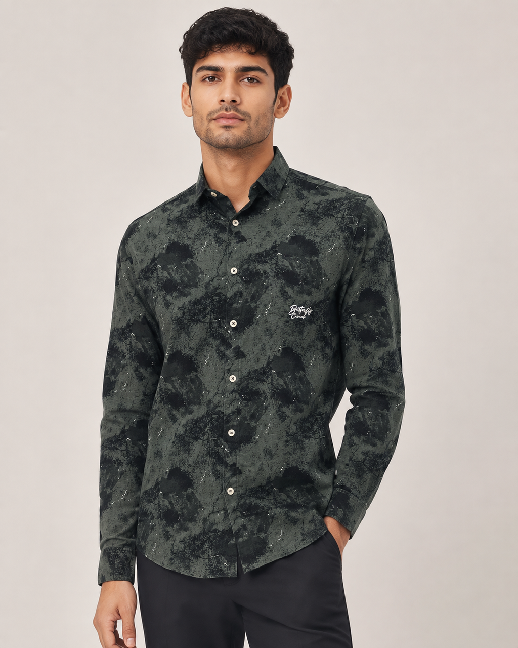 Olive Shadow Print Cotton Shirt