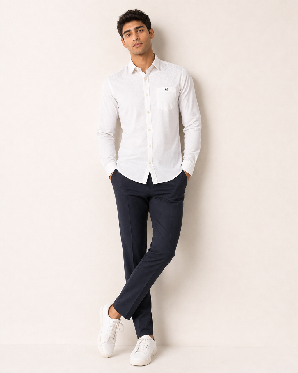 White Floral Jacquard Cotton Shirt