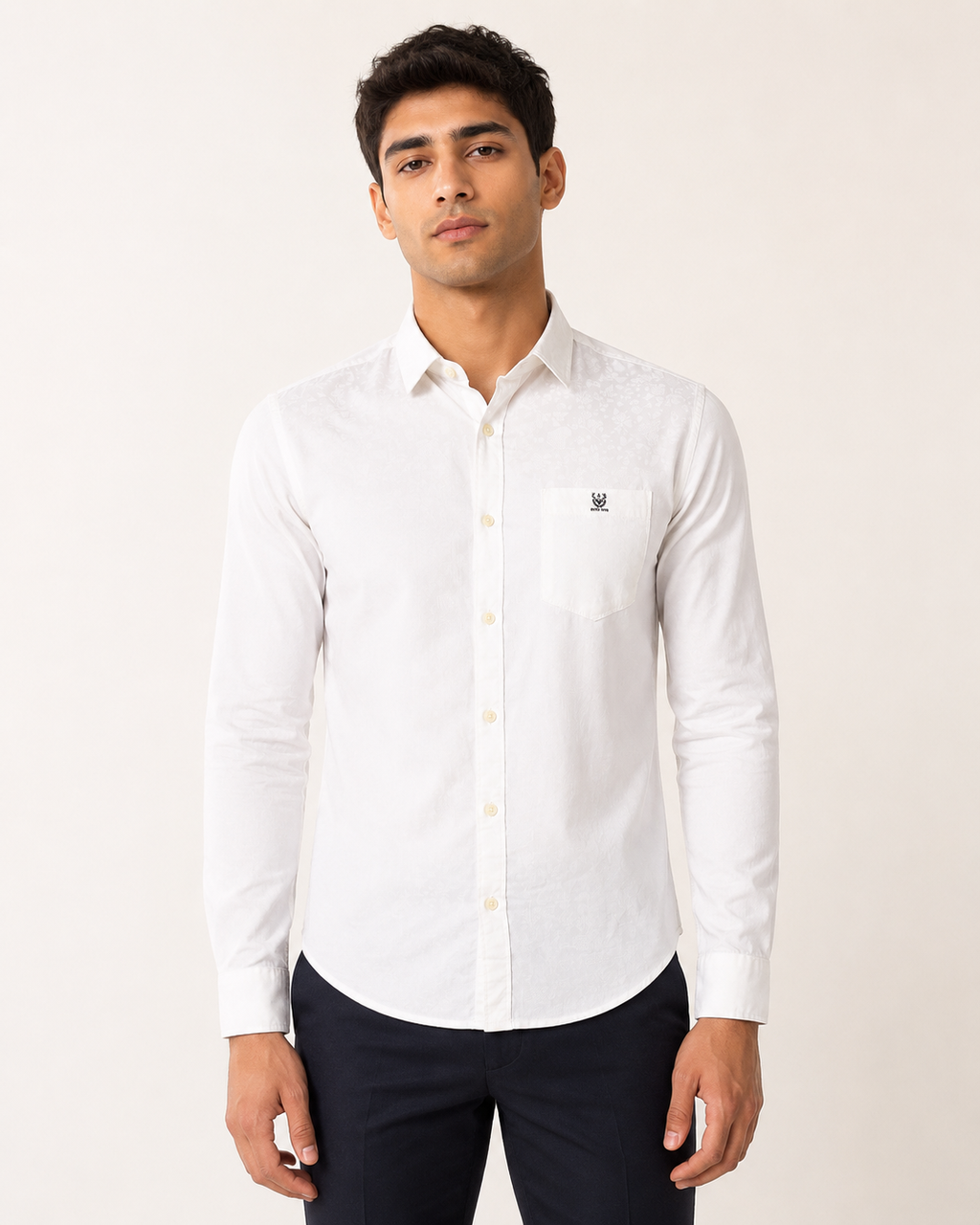 White Floral Jacquard Cotton Shirt