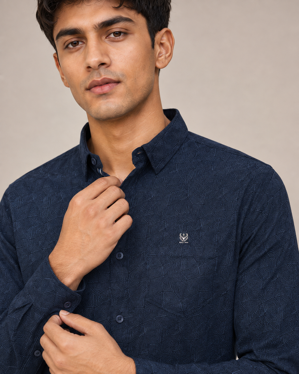 Navy Geo Texture Cotton Shirt