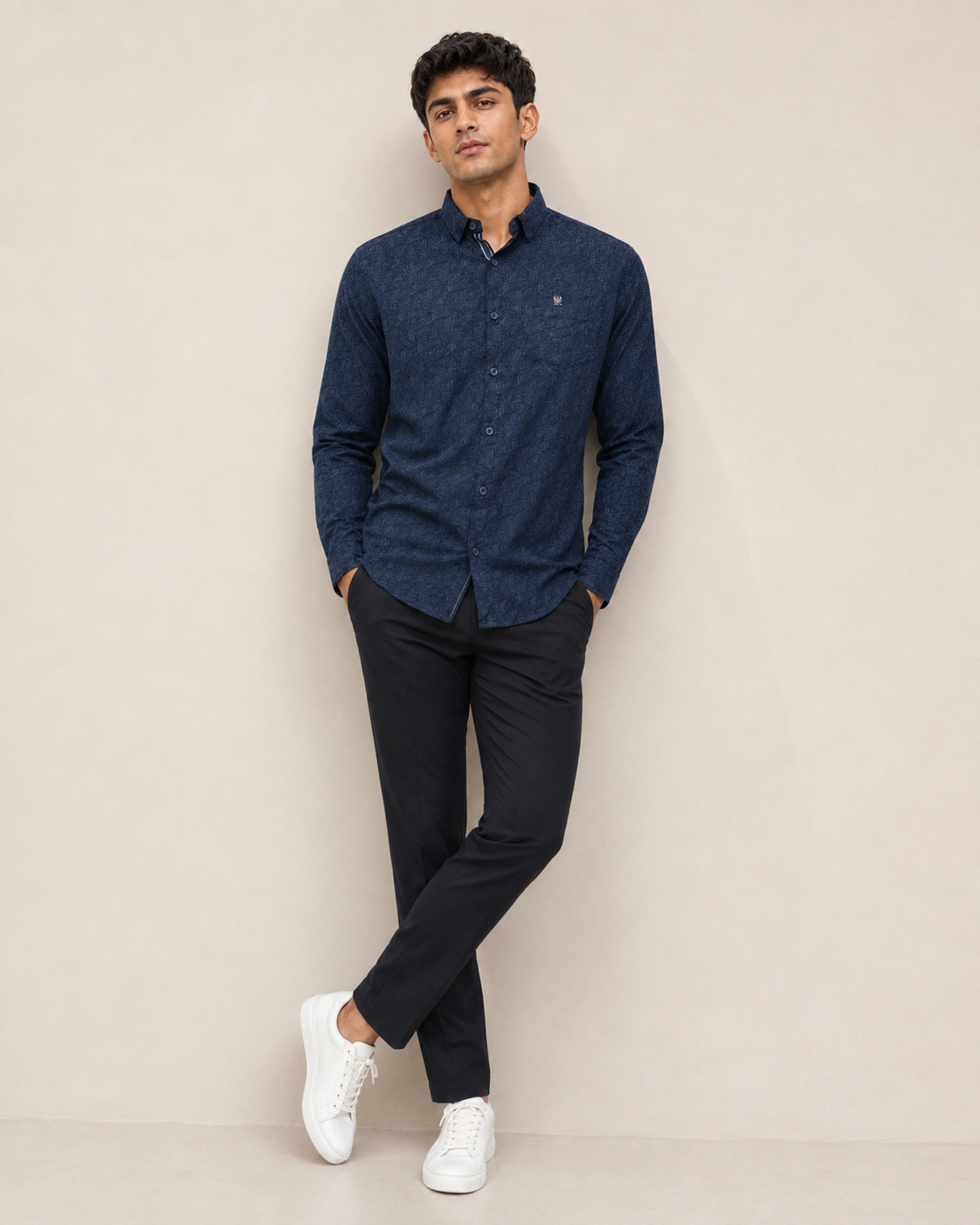 Navy Geo Texture Cotton Shirt