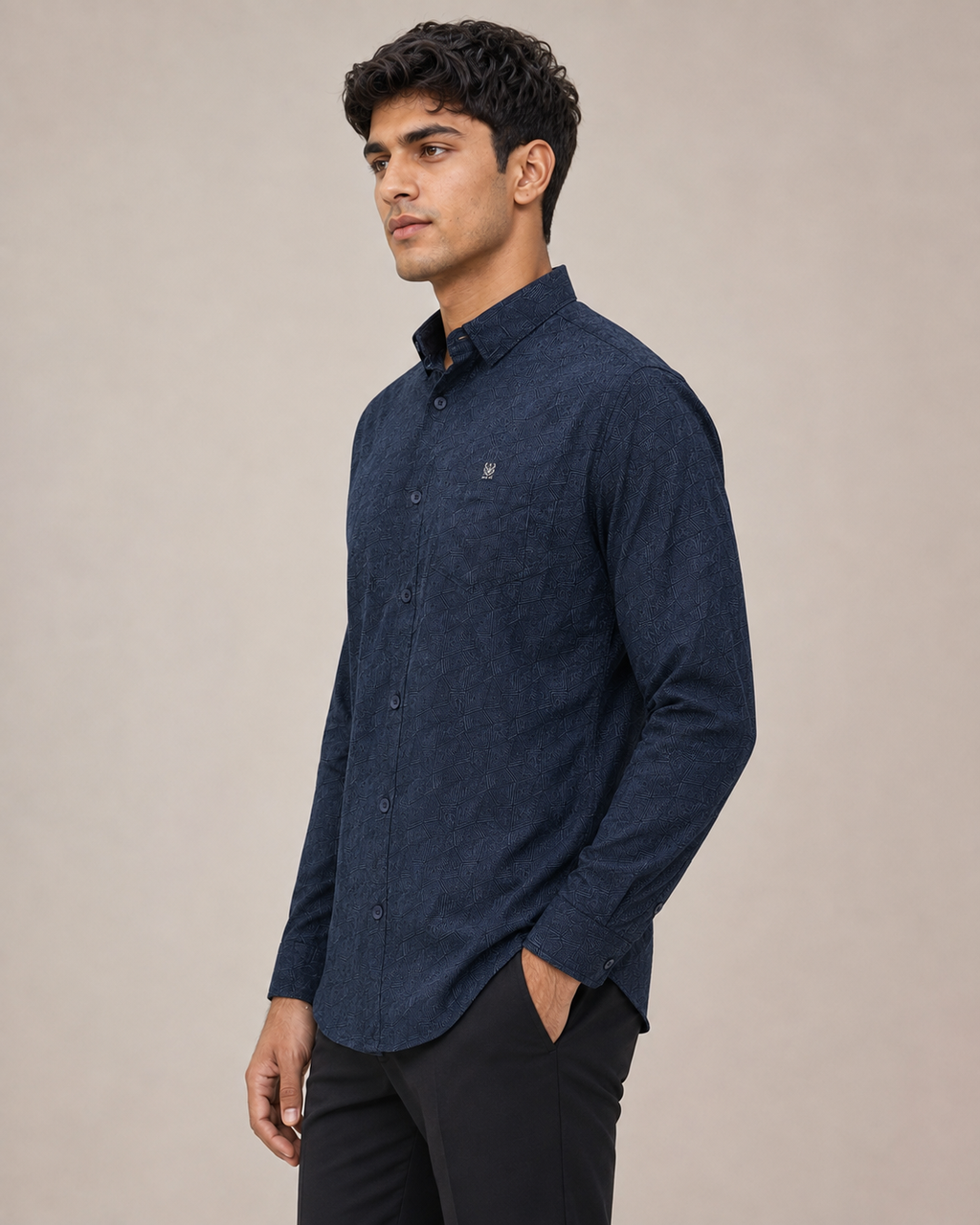 Navy Geo Texture Cotton Shirt