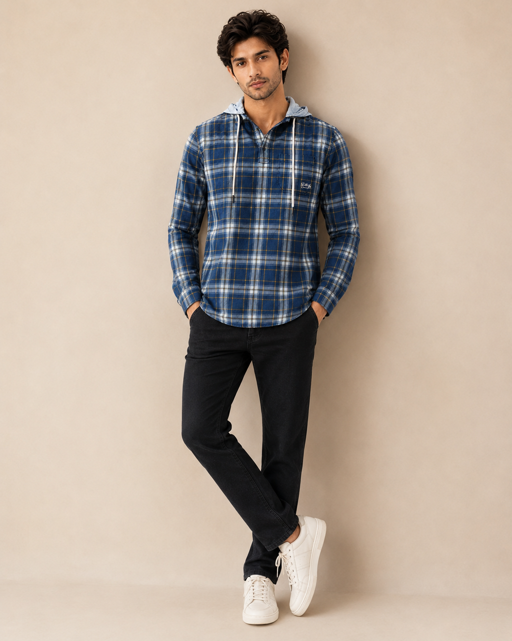 Midnight Plaid Hooded Cotton Kurta