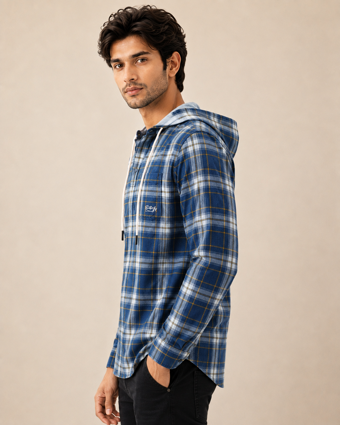 Midnight Plaid Hooded Cotton Kurta