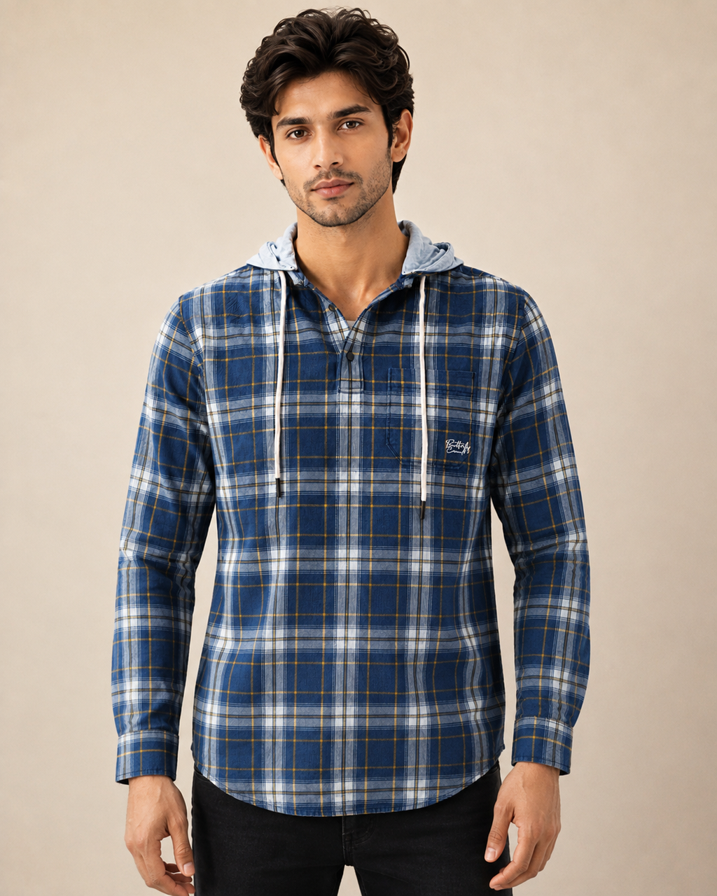 Midnight Plaid Hooded Cotton Kurta