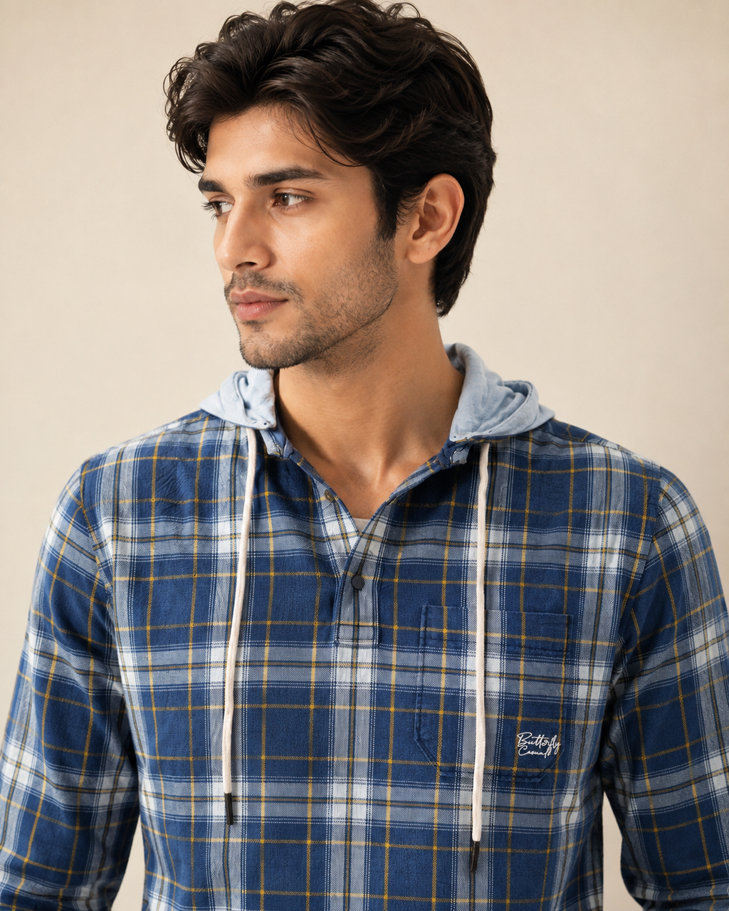 Midnight Plaid Hooded Cotton Kurta