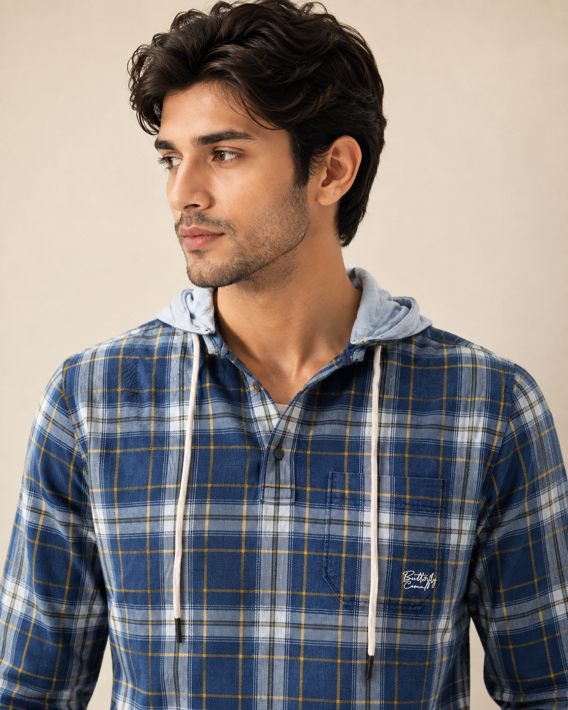 Midnight Plaid Hooded Cotton Kurta