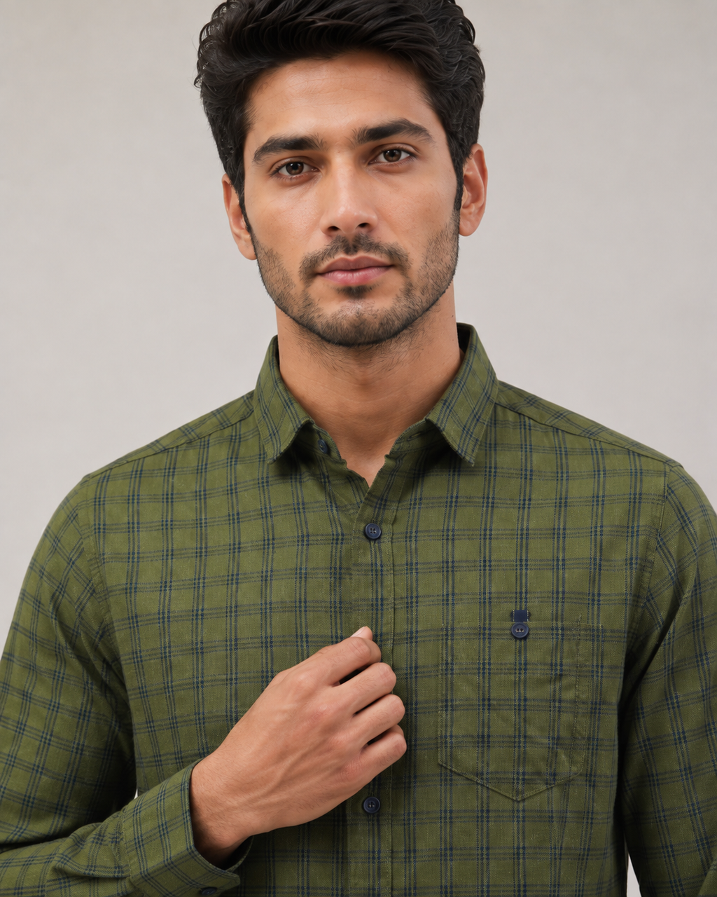 Olive Grid Cotton Shirt