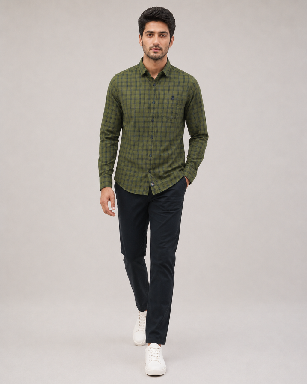 Olive Grid Cotton Shirt