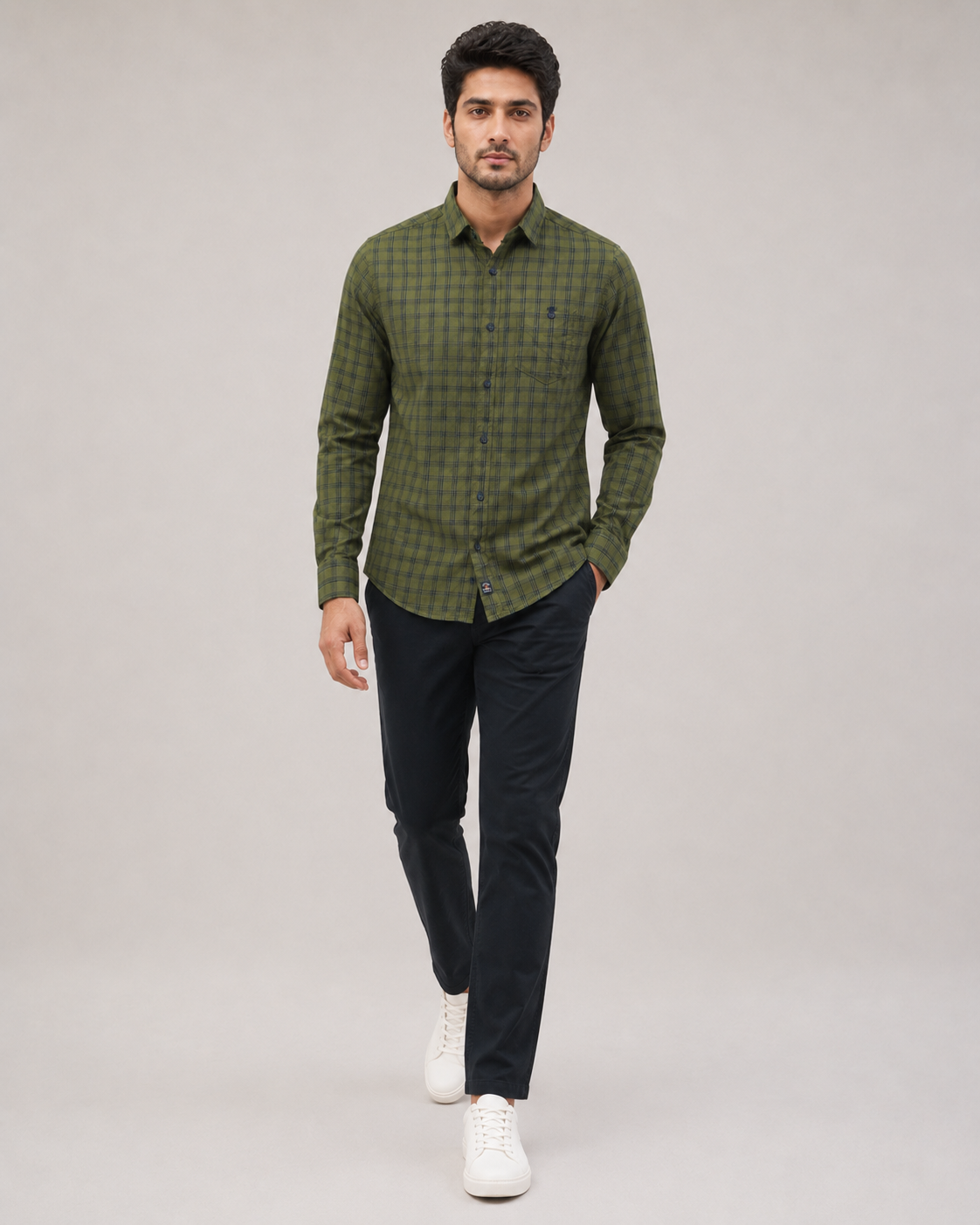 Olive Grid Cotton Shirt