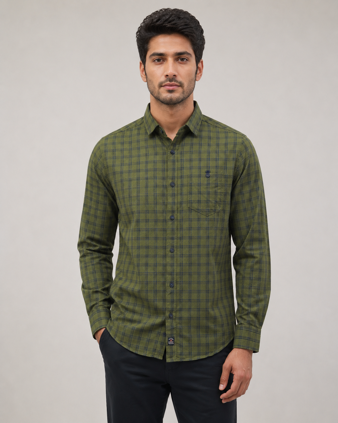 Olive Grid Cotton Shirt