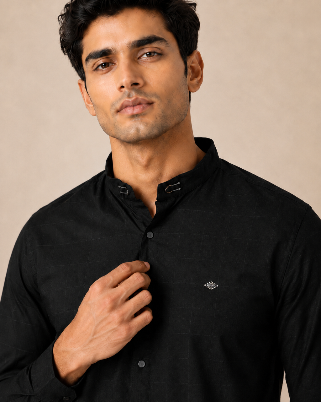 Onyx Grid Band Collar Cotton Shirt