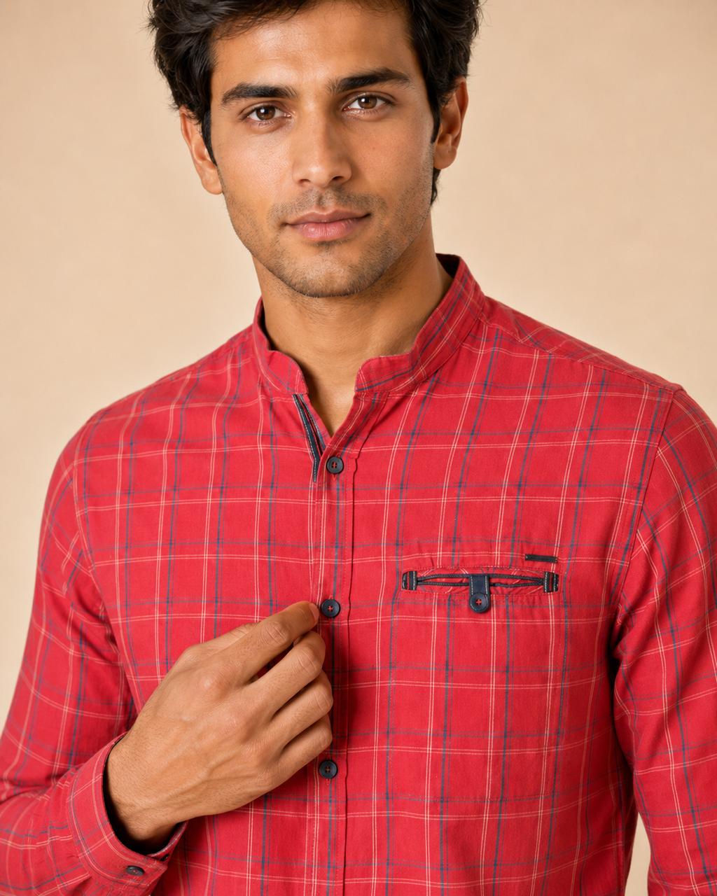 Scarlet Grid Band Collar Cotton Shirt
