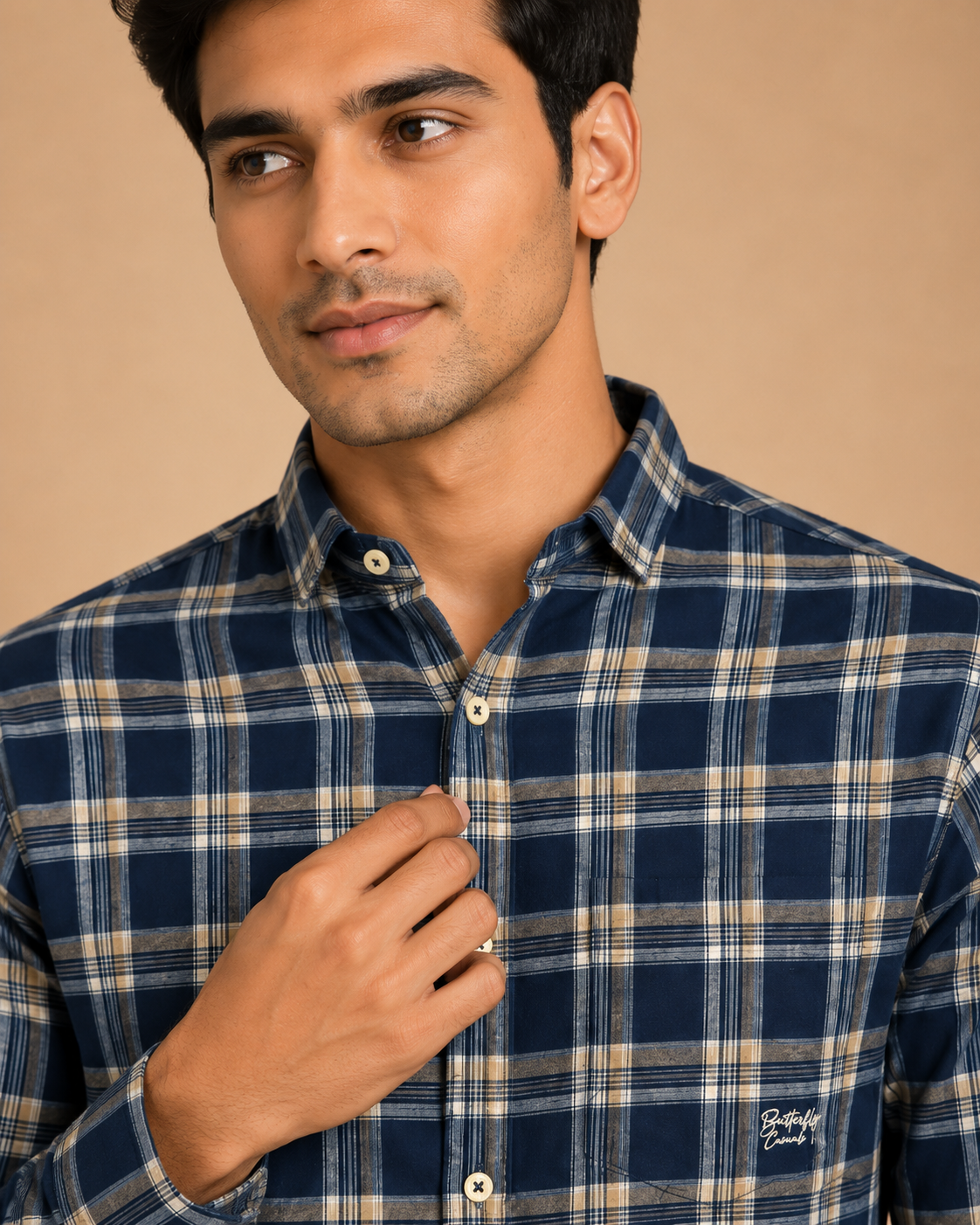 Navy Sand Plaid Cotton Shirt