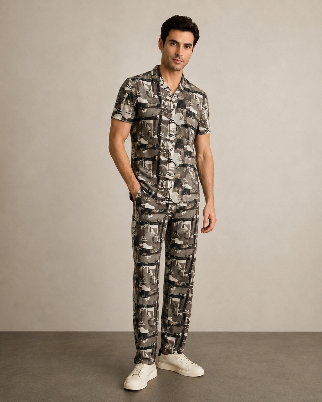 Men’s Olive Grey Abstract Cotton PJ Cord Set | Premium Printed Shirt & Pyjama Co-ord | Luxury Loungewear & Resort Set