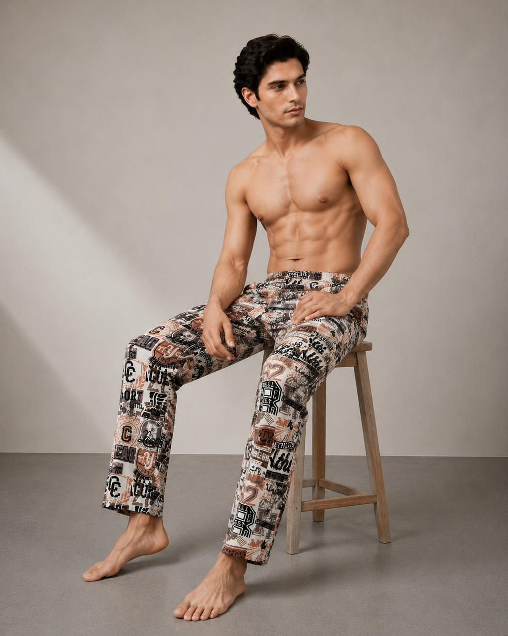 Beige Urban Graphic Cotton PJ Cord Set | Premium Printed Shirt & Pyjama Co-ord | Luxury Loungewear & Resort Set