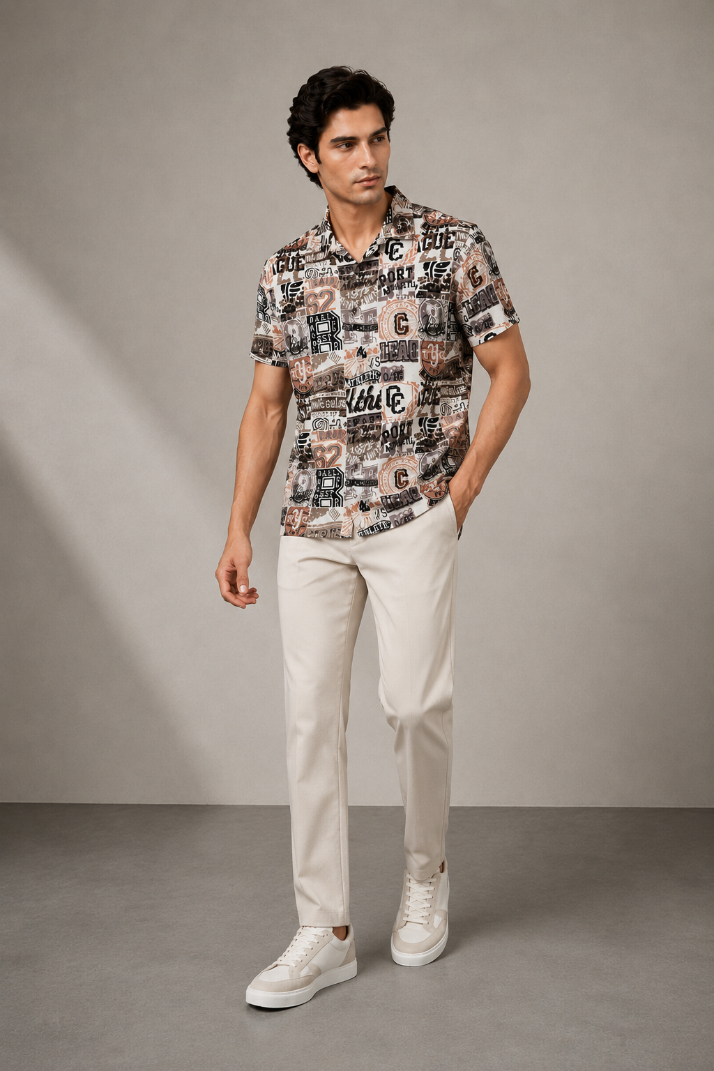 Beige Urban Graphic Cotton PJ Cord Set | Premium Printed Shirt & Pyjama Co-ord | Luxury Loungewear & Resort Set
