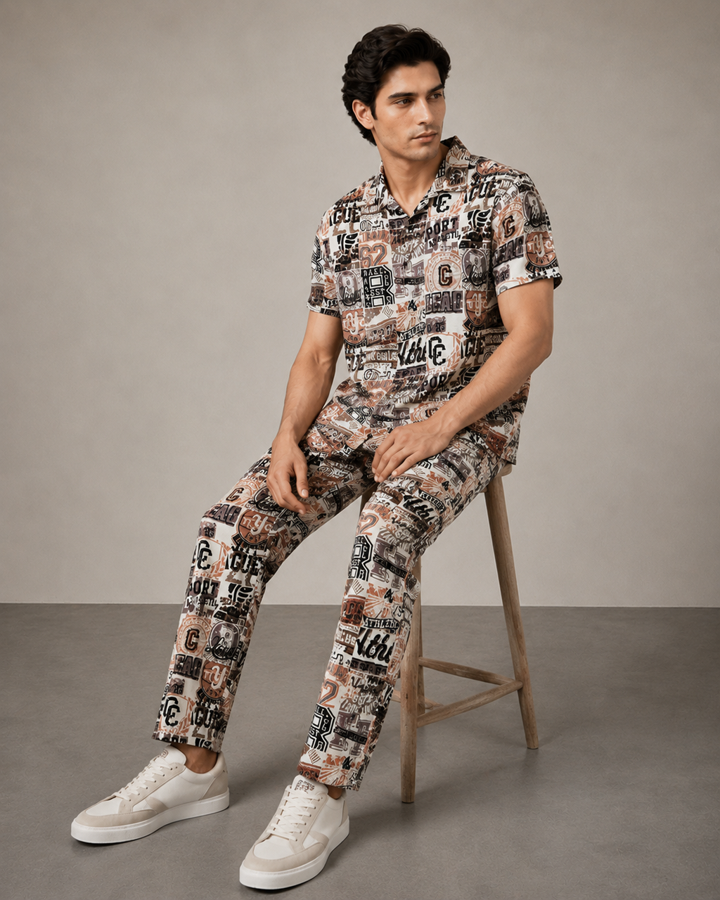Beige Urban Graphic Cotton PJ Cord Set | Premium Printed Shirt & Pyjama Co-ord | Luxury Loungewear & Resort Set