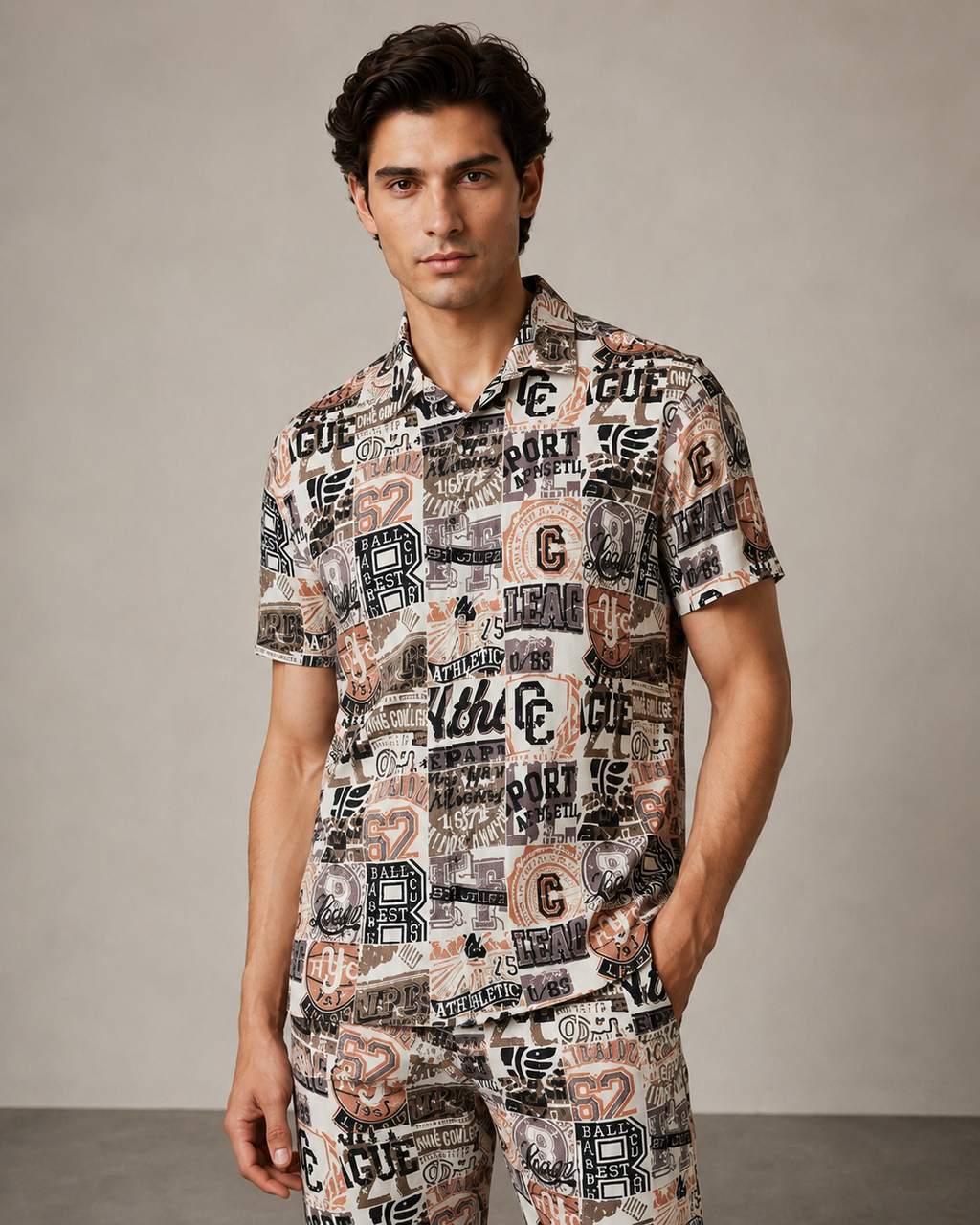 Beige Urban Graphic Cotton PJ Cord Set | Premium Printed Shirt & Pyjama Co-ord | Luxury Loungewear & Resort Set